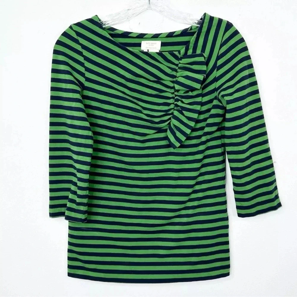 KATE SPADE Cameo Green and Navy Blue Striped Front Crinkle‎ Shirt Top Size XS
